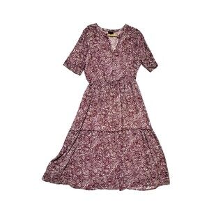 WhoWhatWear Womens Prairie Smocked Maroon Floral Tiered Dress M 48" Cottagecore